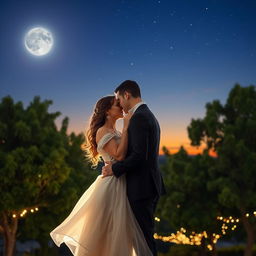 A couple sharing a romantic moment under a starry night sky, the soft glow of the moon illuminating their faces