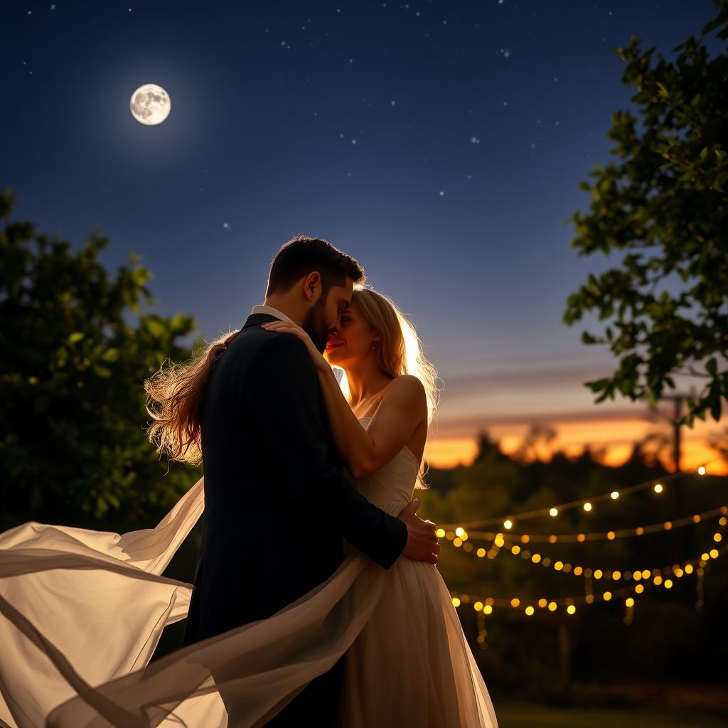 A couple sharing a romantic moment under a starry night sky, the soft glow of the moon illuminating their faces