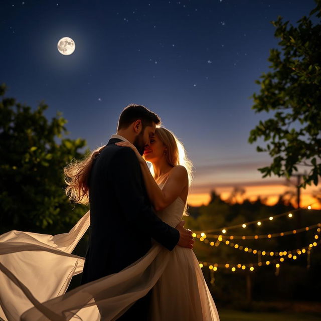 A couple sharing a romantic moment under a starry night sky, the soft glow of the moon illuminating their faces