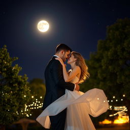 A couple sharing a romantic moment under a starry night sky, the soft glow of the moon illuminating their faces