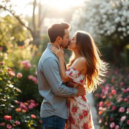 A couple sharing a passionate kiss in a romantic setting, surrounded by a beautiful garden filled with blooming flowers