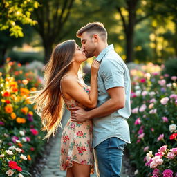 A couple sharing a passionate kiss in a romantic setting, surrounded by a beautiful garden filled with blooming flowers