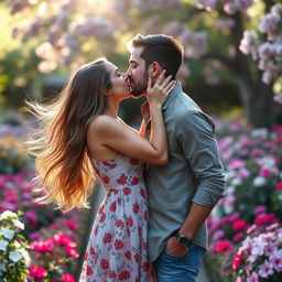 A couple sharing a passionate kiss in a romantic setting, surrounded by a beautiful garden filled with blooming flowers