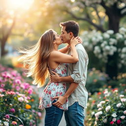 A couple sharing a passionate kiss in a romantic setting, surrounded by a beautiful garden filled with blooming flowers