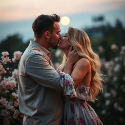 A couple in a romantic setting, deeply engaged in a passionate kiss