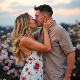 A couple in a romantic setting, deeply engaged in a passionate kiss