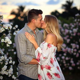 A couple in a romantic setting, deeply engaged in a passionate kiss