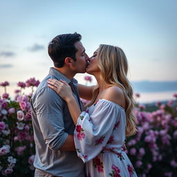 A couple in a romantic setting, deeply engaged in a passionate kiss