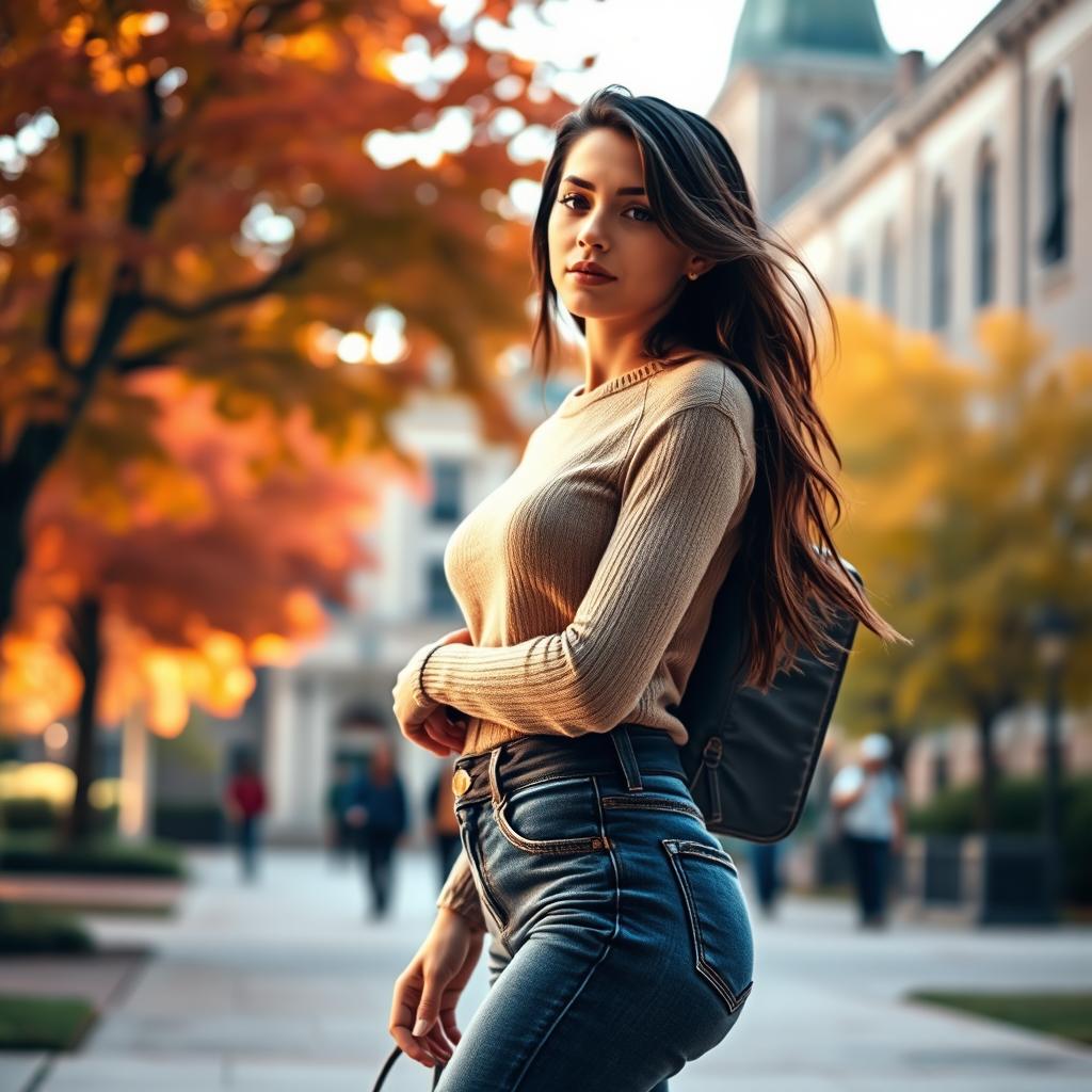 A sensual and artistic portrayal of a female student in a college environment, with an emphasis on her confident demeanor as she walks through campus