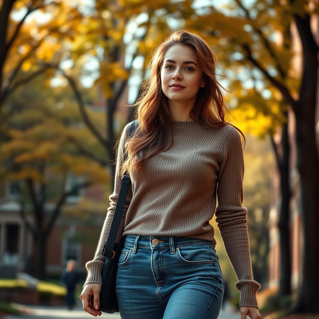 A sensual and artistic portrayal of a female student in a college environment, with an emphasis on her confident demeanor as she walks through campus