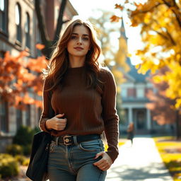 A sensual and artistic portrayal of a female student in a college environment, with an emphasis on her confident demeanor as she walks through campus