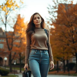 A sensual and artistic portrayal of a female student in a college environment, with an emphasis on her confident demeanor as she walks through campus