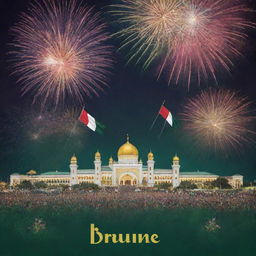 A vibrant and lively National Day poster for Brunei, featuring its flag, emblem, festive crowd, and local landmarks with fireworks illuminating the sky.