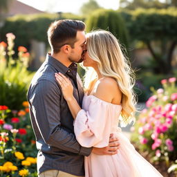 A couple in a romantic embrace, sharing a tender kiss