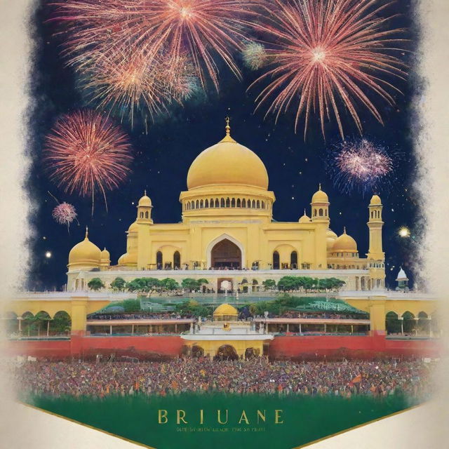 A vibrant and lively National Day poster for Brunei, featuring its flag, emblem, festive crowd, and local landmarks with fireworks illuminating the sky.