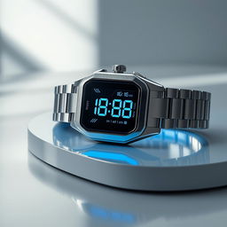 A sleek, luxury wristwatch featuring a high-tech design with a digital display and elegant stainless steel band