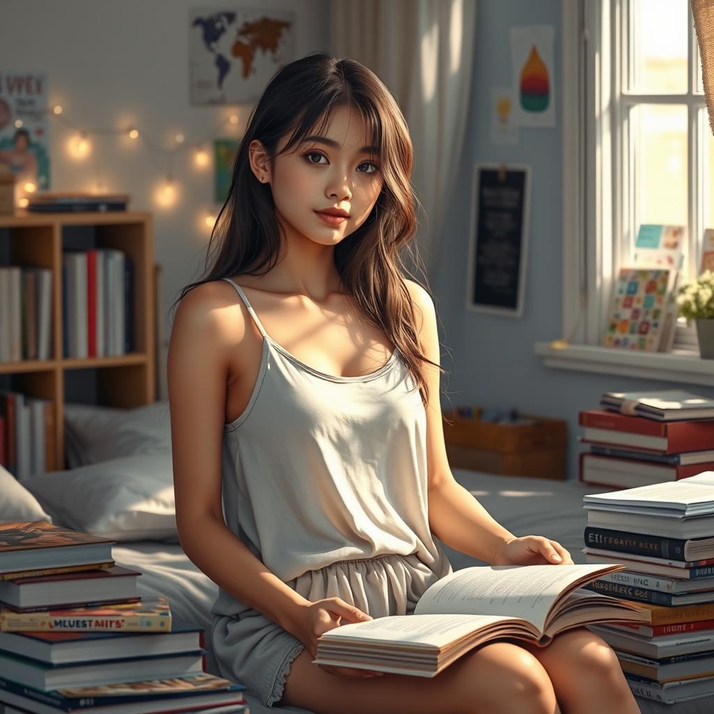 A female student in a cozy bedroom setting, surrounded by books and study materials