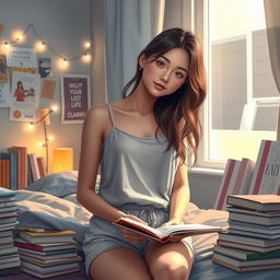 A female student in a cozy bedroom setting, surrounded by books and study materials