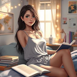 A female student in a cozy bedroom setting, surrounded by books and study materials