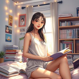 A female student in a cozy bedroom setting, surrounded by books and study materials