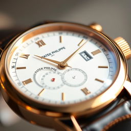 A stunning close-up of a luxurious Patek Philippe watch, showcasing its intricate details and craftsmanship