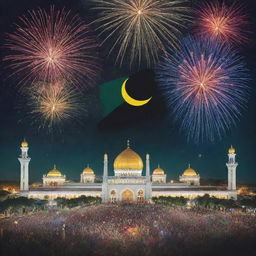 A vibrant and lively National Day poster for Brunei, featuring its flag, emblem, festive crowd, and local landmarks with fireworks illuminating the sky.