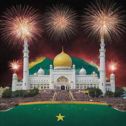 A vibrant and lively National Day poster for Brunei, featuring its flag, emblem, festive crowd, and local landmarks with fireworks illuminating the sky.