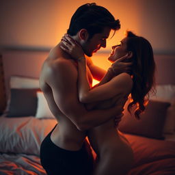 A passionate and intimate scene between two adult figures, embracing in a soft, warm light, showcasing the allure of human connection and attraction