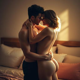 A passionate and intimate scene between two adult figures, embracing in a soft, warm light, showcasing the allure of human connection and attraction