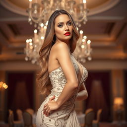 A stunning, attractive woman posing confidently in an elegant evening gown, featuring a plunging neckline and intricate beadwork