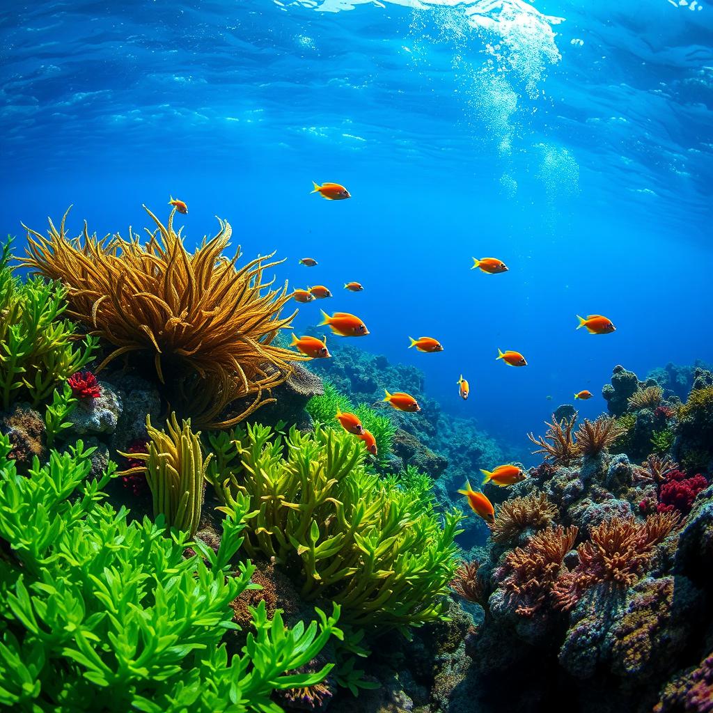 A stunning underwater photograph showcasing a vibrant underwater ecosystem