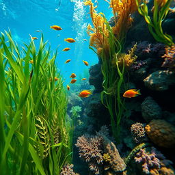 A stunning underwater photograph showcasing a vibrant underwater ecosystem