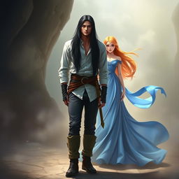 A fantasy scene featuring a tall, regal young warrior with long black hair down to his shoulders, wearing a white shirt with a few buttons undone and stylish trousers