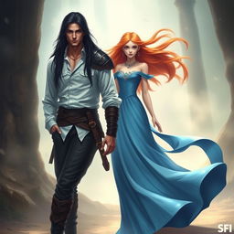 A fantasy scene featuring a tall, regal young warrior with long black hair down to his shoulders, wearing a white shirt with a few buttons undone and stylish trousers