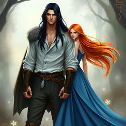 A fantasy scene featuring a tall, regal young warrior with long black hair down to his shoulders, wearing a white shirt with a few buttons undone and stylish trousers