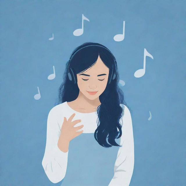 Create a moe aesthetic poster featuring an introverted figure expressing love for music and singing, encompassed by musical notes. Use varying shades of calming blue for tranquility and introspection.