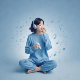 Create a moe aesthetic poster featuring an introverted figure expressing love for music and singing, encompassed by musical notes. Use varying shades of calming blue for tranquility and introspection.