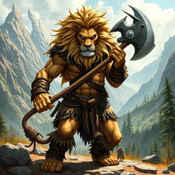 A fierce lion barbarian with flowing blonde hair and striking blue eyes, wielding a massive greataxe