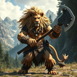 A fierce lion barbarian with flowing blonde hair and striking blue eyes, wielding a massive greataxe