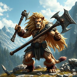 A fierce lion barbarian with flowing blonde hair and striking blue eyes, wielding a massive greataxe