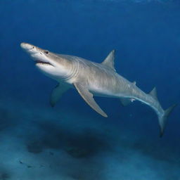 A large and formidable hammerhead shark swimming leisurely in the deep blue ocean with an intricately designed, antique anchor embedded in its sturdy back.