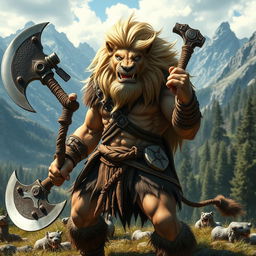 A fierce lion barbarian with flowing blonde hair and striking blue eyes, wielding a massive greataxe