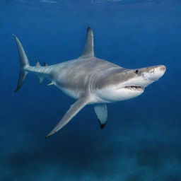 A large and formidable hammerhead shark swimming leisurely in the deep blue ocean with an intricately designed, antique anchor embedded in its sturdy back.