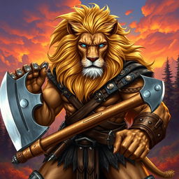 A dynamic and powerful illustration of a lion barbarian character for Dungeons & Dragons