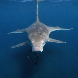 A large and formidable hammerhead shark swimming leisurely in the deep blue ocean with an intricately designed, antique anchor embedded in its sturdy back.