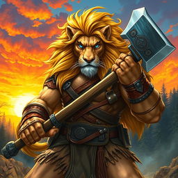 A dynamic and powerful illustration of a lion barbarian character for Dungeons & Dragons