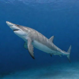 A large and formidable hammerhead shark swimming leisurely in the deep blue ocean with an intricately designed, antique anchor embedded in its sturdy back.