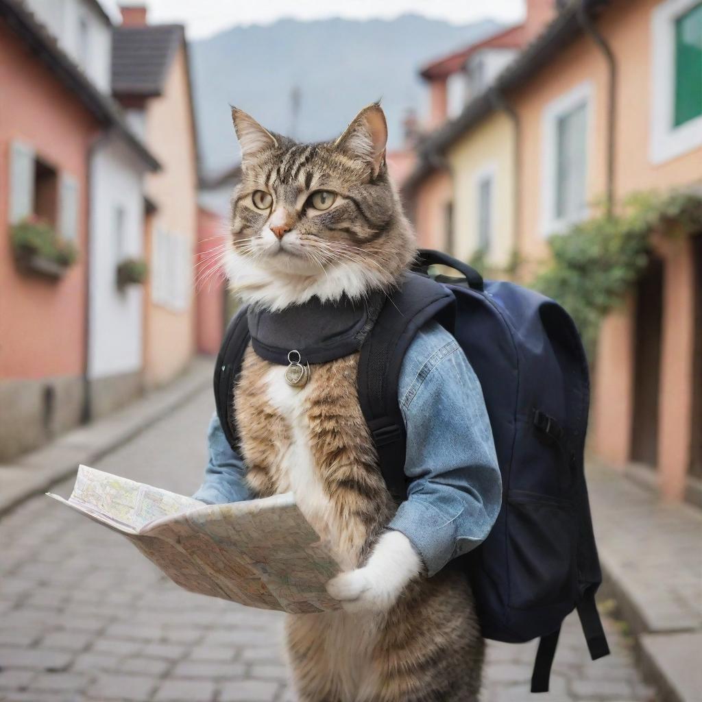 An adventurous cat holding a map and wearing a backpack, eagerly preparing for a grand journey with a quaint neighborhood of cozy houses serving as the backdrop.