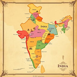 A beautifully detailed map of India, showcasing the various states and territories