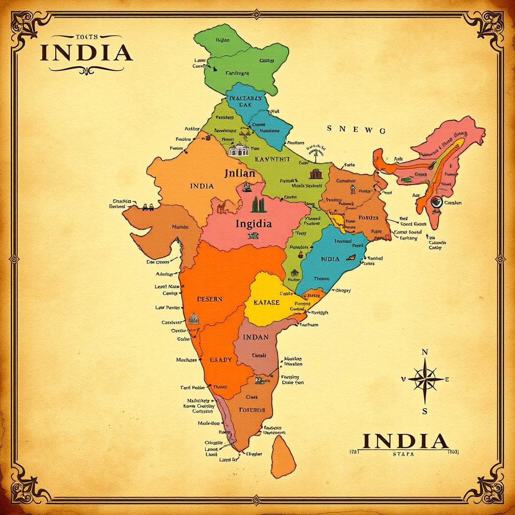 A beautifully detailed map of India, showcasing the various states and territories